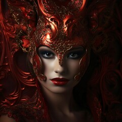 Woman in elegantly decorated red carnival mask on blackwing background. Carnival outfits, masks and decorations.