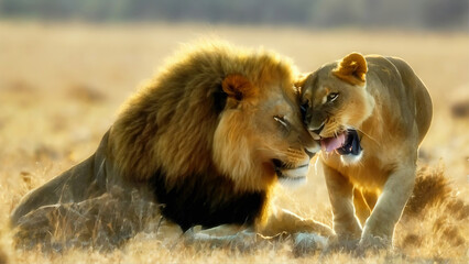 Two lions are playfully fighting each other on a field of dry grass.2