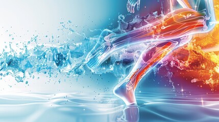 An energetic illustration of human anatomy in motion, with muscles and bones highlighted against a backdrop of vibrant water splashes. - obrazy, fototapety, plakaty