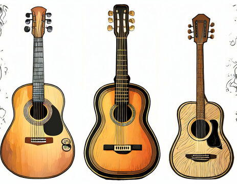 Abstract old acoustic guitar sets, Side and top view. Hand drawn illustration on digital art concept.