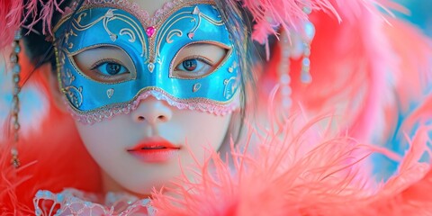Face of a woman in an eye mask blue with gold ornaments, big long pink and blue feathers. Carnival outfits, masks and decorations.