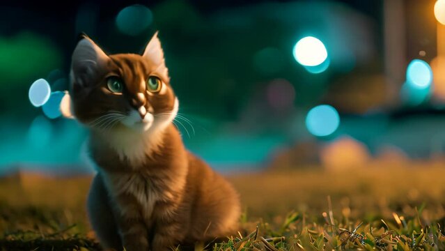 Cute furry cats outdoors at night. 4k video animation