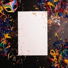 White blank card with space for your own content around decorations with colorful feathers, carnival masks, confetti. Carnival outfits, masks and decorations.