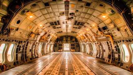 Inside view of an empty cargo plane's interior showing the spacious metallic fuselage of a military transport aircraft. - obrazy, fototapety, plakaty