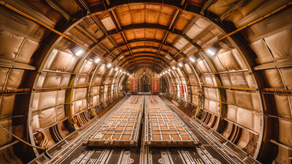 Interior view of a spacious, empty cargo bay inside an aircraft used for transporting goods and freight.