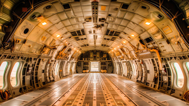 Inside view of an empty cargo plane's interior showing the spacious metallic fuselage of a military transport aircraft.