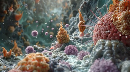 Highly detailed visualization of various pathogens within a bodily environment, highlighting the diversity and complexity of microorganisms. - obrazy, fototapety, plakaty