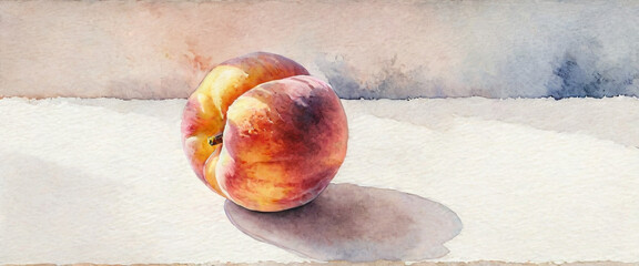 One ripe peach isolated on a white background. Abstract watercolor painting.