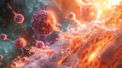 A dynamic and fiery depiction of the human immune response engaging in defense against invasive pathogenic cells, with a dramatic and vivid visual style. - obrazy, fototapety, plakaty