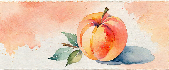 A peach drawn on white paper. Peach illustration in watercolor style. Abstract watercolor painting.