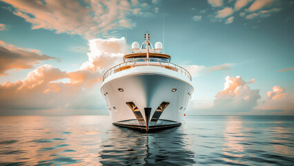 Luxury yacht cruising on calm sea at sunrise or sunset, offering a serene and exclusive travel...
