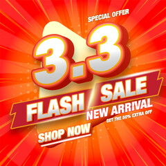 3.3 Special Sale banner template. 3.3 3D Flash sale banner template design for web or social media. Eps10 vector illustration.