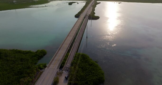 Drone shot of Highway 1 in the Florida Keys