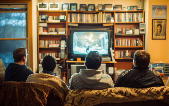 Three friends sitting on a couch enjoying a movie night in a cozy living room filled with bookshelves
