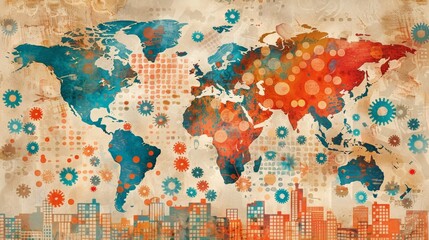 A conceptual world map depicting urbanization and global connectivity with stylized city silhouettes and interconnected gears.