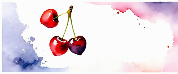 Ripe cherries isolated on a white background. Cherry illustration in watercolor style. Abstract watercolor painting.