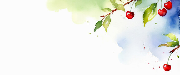 Cherries on a branch. Isolated on a white background. Illustration in watercolor style. Abstract watercolor painting.