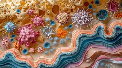 This illustration offers a detailed exploration of the skin's surface and underlying layers, teeming with microscopic pathogens and cellular activity.
