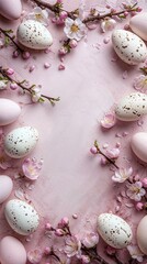 Fototapeta na wymiar Easter eggs and flowers decoration, frame on pink background, copy space, greeting card template