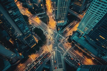 Aerial View of a Busy City Intersection at Night, Downtown view of a bustling city from a drone's perspective, AI Generated