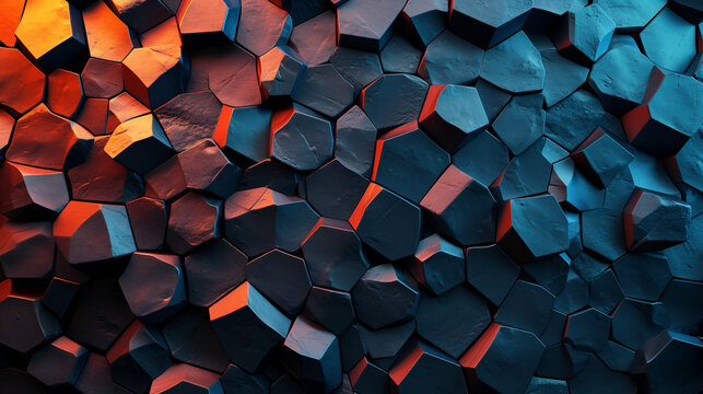 Abstract 3d background, glowing geometric shapes pattern texture on dark black background, Corporate modern dark blue and grey abstract background. Color gradient, Geometric shape. Generative Ai
