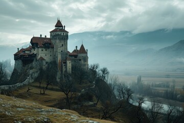 Fototapeta premium A grand castle proudly stands on a hill, with dark clouds forming a dramatic backdrop, Dracula's castle perched on a hill overlooking a desolate valley, AI Generated