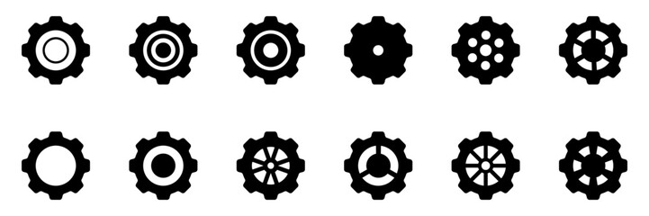 Collection of mechanical cogwheels. Gears icon set. Setting gears icon. Vector illustration with black silhouettes sprocket icons or signs design element. White background.