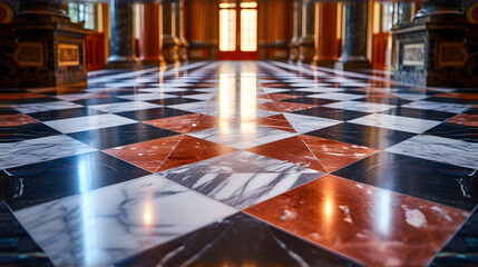 Black and White Checkered Floor With Red and White Tiles - obrazy, fototapety, plakaty