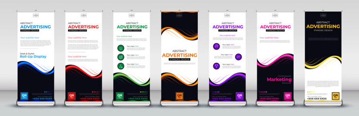 Business vertical roll up banner design for events, presentations, meetings, annual events, exhibitions in blue, red, green, orange, purple, pink and yellow 