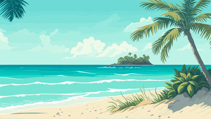 Tropical Sea beach background, landscape with sand beach, sea water edge and palm trees. Colorful vector art illustration, banner, wallpaper