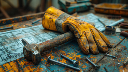 Old yellow construction glove and canvas on a workbench.