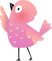 Cute little bird illustration for kids. Small pink birdie showing with wing, isolated animal design. Vector children clip art illustration in watercolor style.
