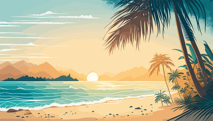 Fototapeta na wymiar Sunset in Tropical Sea beach background, landscape with sand beach, sea water edge and palm trees. Colorful vector art illustration, banner, wallpaper