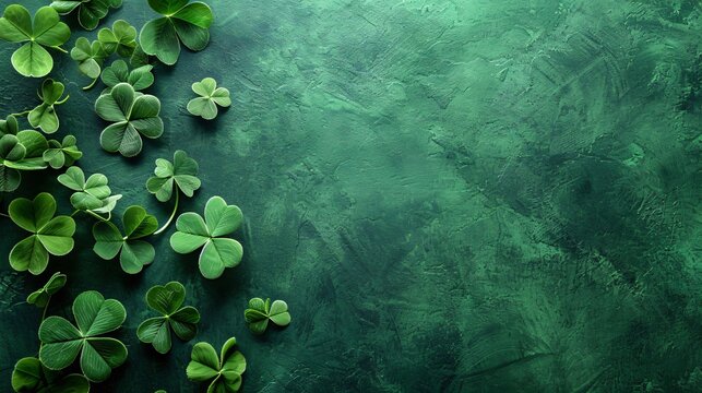 Prepare for St Patricks Day empty space on a green background highlighted by four leaf clovers