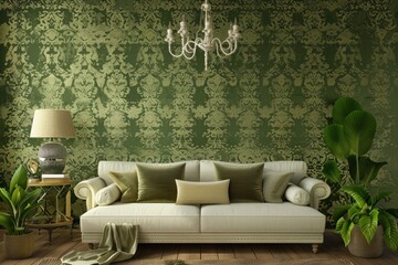 Olive wallpaper with damask pattern