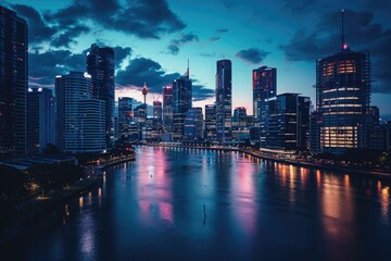 The photo captures a magnificent view of a bustling city at night, seen from across a serene river, Dramatic cityscape with skyscrapers-rimmed riverside, AI Generated