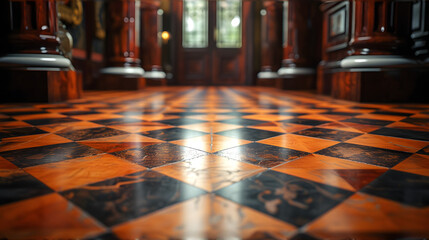 A Room With a Checkered Floor and Wooden Doors