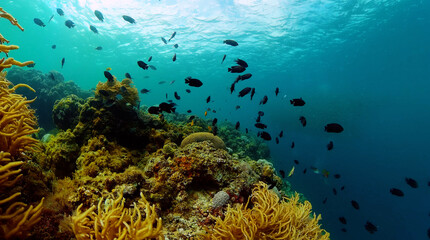 Naklejka na ściany i meble Colorful underwater world with soft corals and fishes. Marine sea life scene.