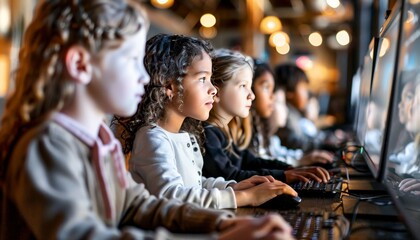 Diverse group of children engaged in learning computer at school classroom setting