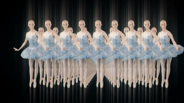 Row of ballerinas in blue tutus dancing in sync on dark background, ballet pattern seamless VJ loop