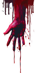 Brutal blood horror splattered fingerprint and handprint overlay, Halloween scary design, isolated on transparent background. Bloody Hand upside down. High-quality.