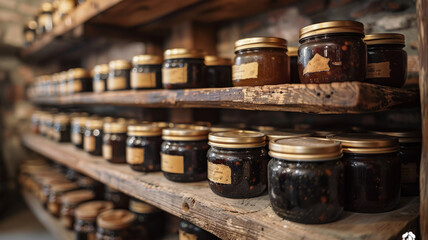 Jars of jam on a shelf in the cellar