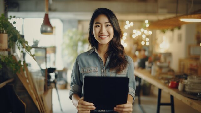 Smiling Asian woman, architect, web designer or interior designer holding a tablet computer in a modern creative studio.