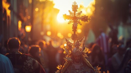 a religious procession,a cross, holy week	
