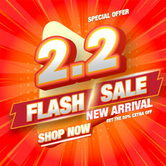 2.2 Special Sale banner template. 2.2 3D Flash sale banner template design for web or social media. Eps10 vector illustration.
