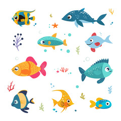 Naklejka premium Set vector illustration underwater world, different fish on white background for sticker, print, poster, postcard