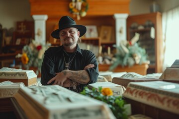 Happy undertaker with wad of money in funeral home