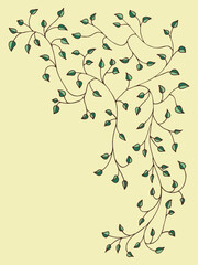 Spring green, light, cute background, frame of floral tree branch, leaf, plants. Elegant, aesthetic, stylish elements for Decoration. Hand drawing doodles of vintage botanical elements. Space for text