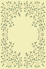 Spring green, light, cute background, frame of floral tree branch, leaf, plants. Elegant, aesthetic, stylish elements for Decoration. Hand drawing doodles of vintage botanical elements. Space for text