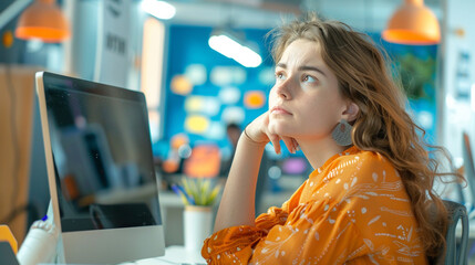 パソコンの前で悩む若い女性
